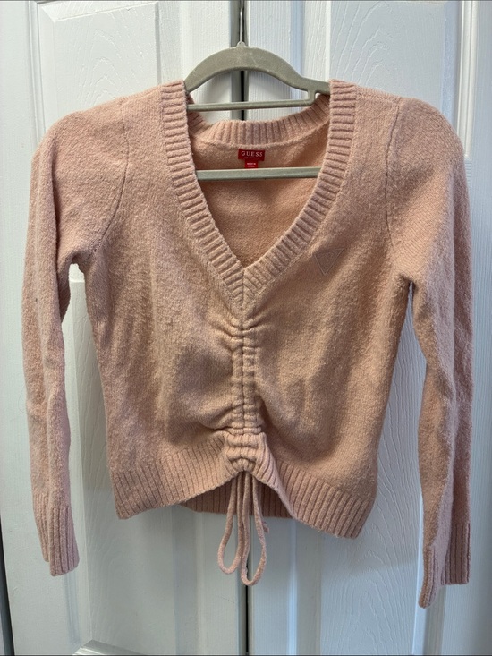 Guess Sweaters - GUESS Blush Pink V-Neck Ruched Drawstring Sweater
